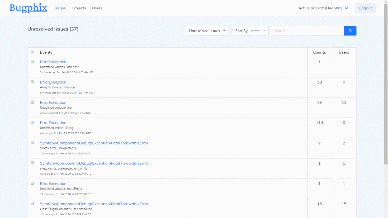 Bugphix dashboard